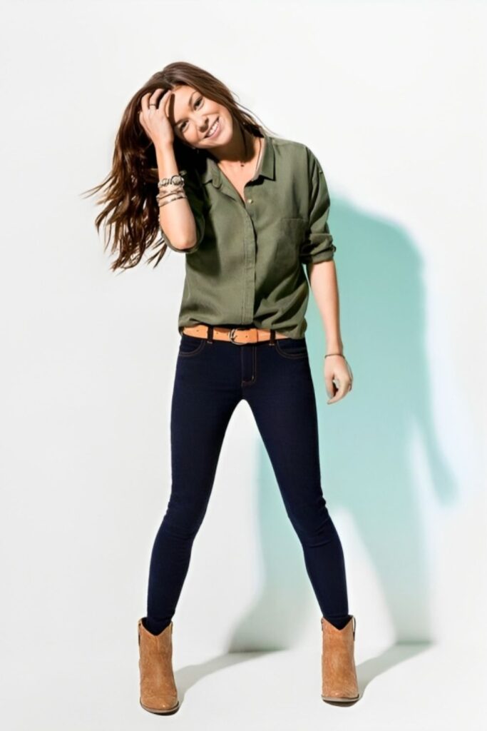 seafoam green shirt and black pants