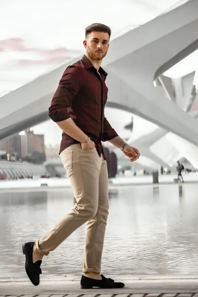 Burgundy shirt with light brown pant