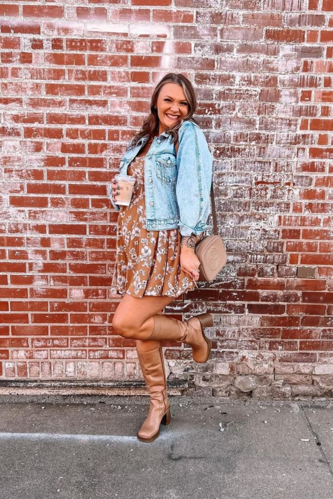 Floral sundress with denim jacket and booties