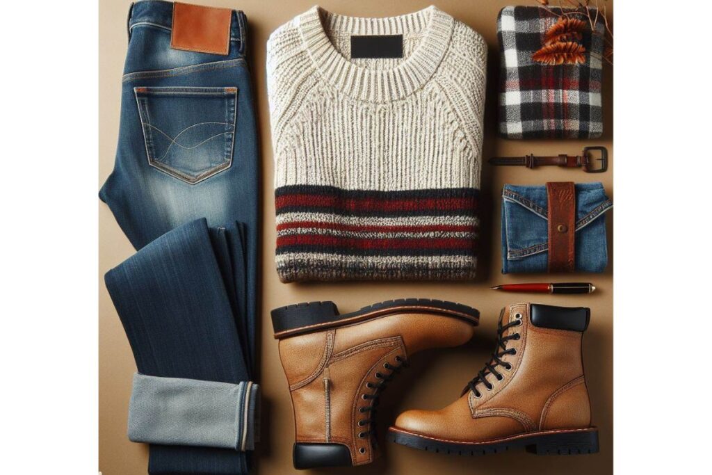 Image of casual outfit with bootcut jeans, sweater and boots