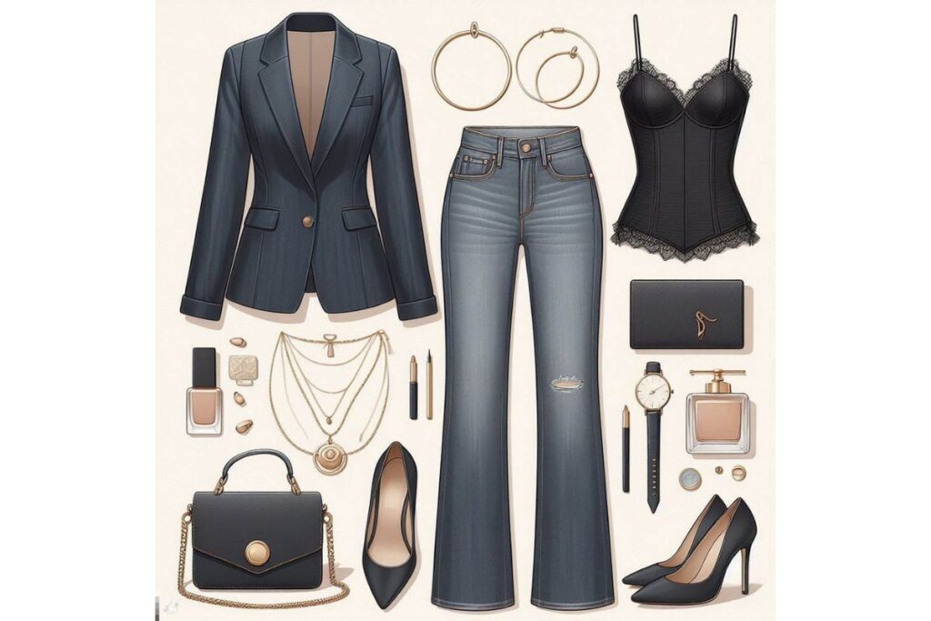 Image of evening outfit with bootcut jeans, cami and blazer