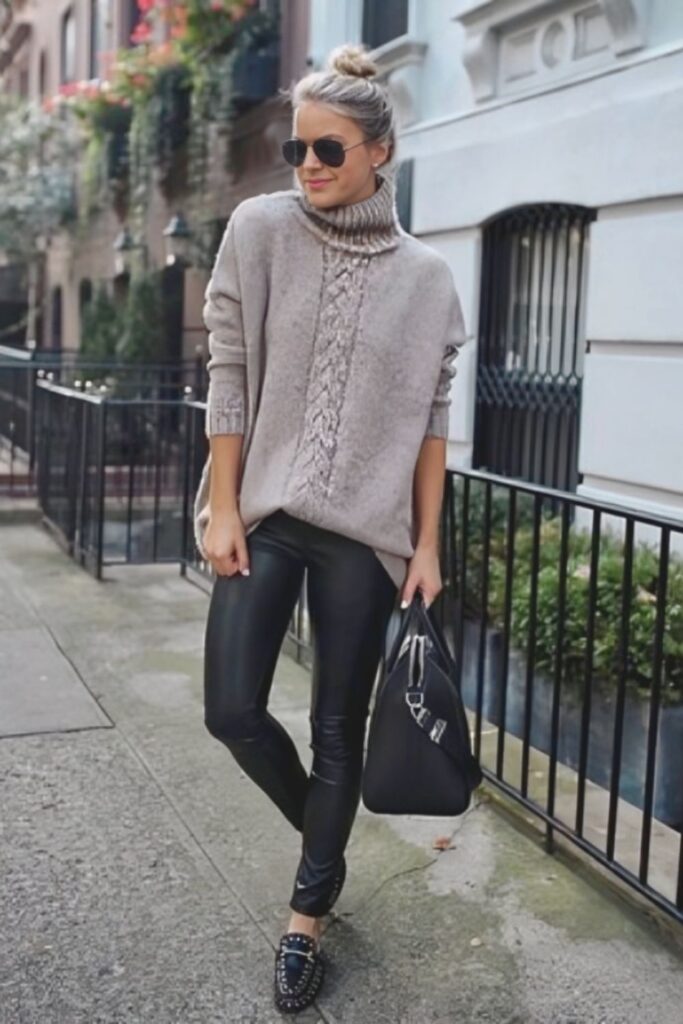 Leather Pants, Knit Turtleneck and chunky black loafers