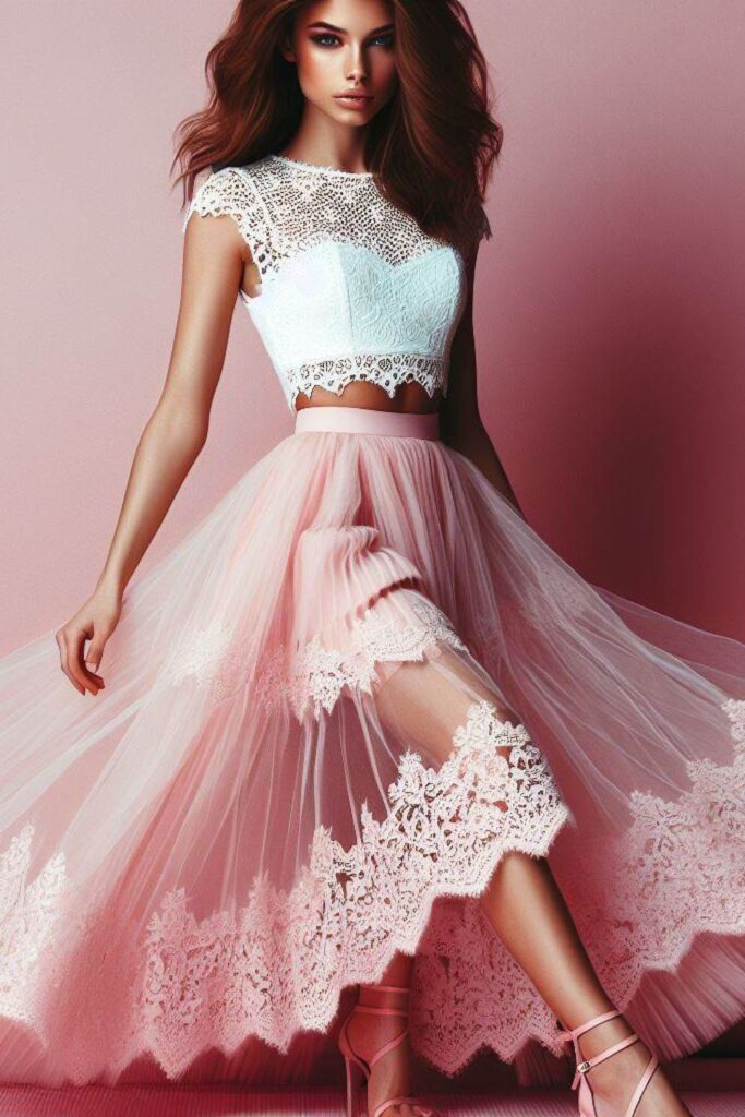 Model wearing white eyelet lace crop top with longpink tulle midi skirt and pink strappy heels