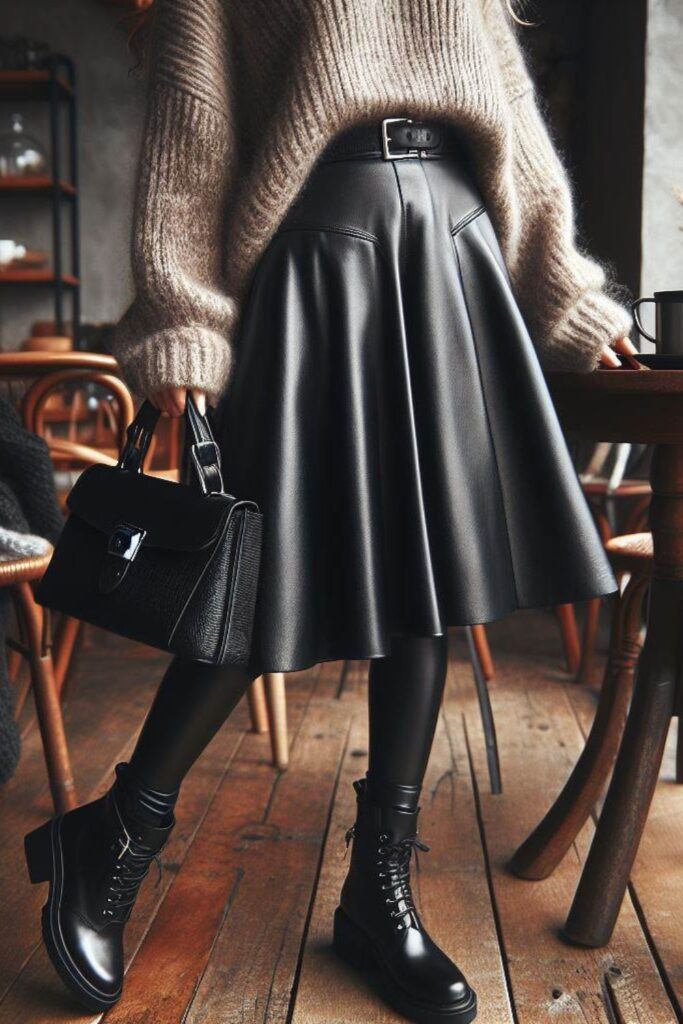 black midi skirt over faux leather leggings