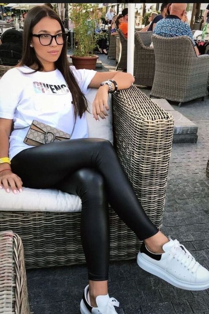 faux leather leggings with white sneakers