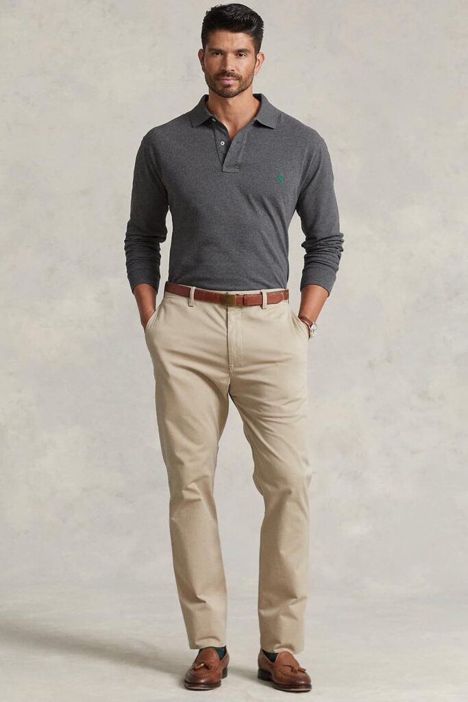 model in grey shirt and khaki pants