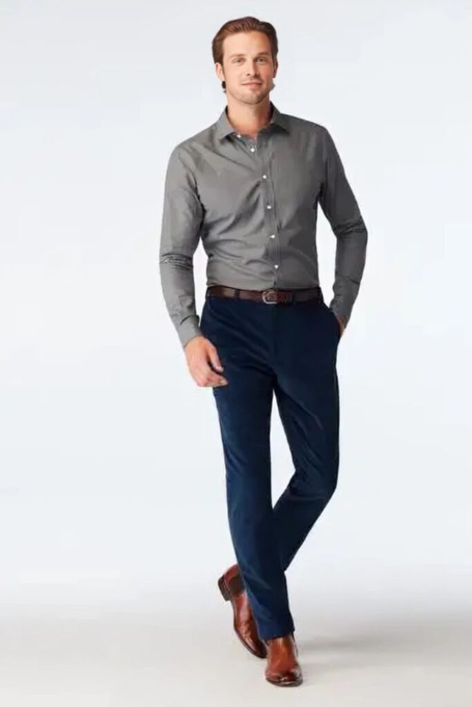 gray shirt with navy pants