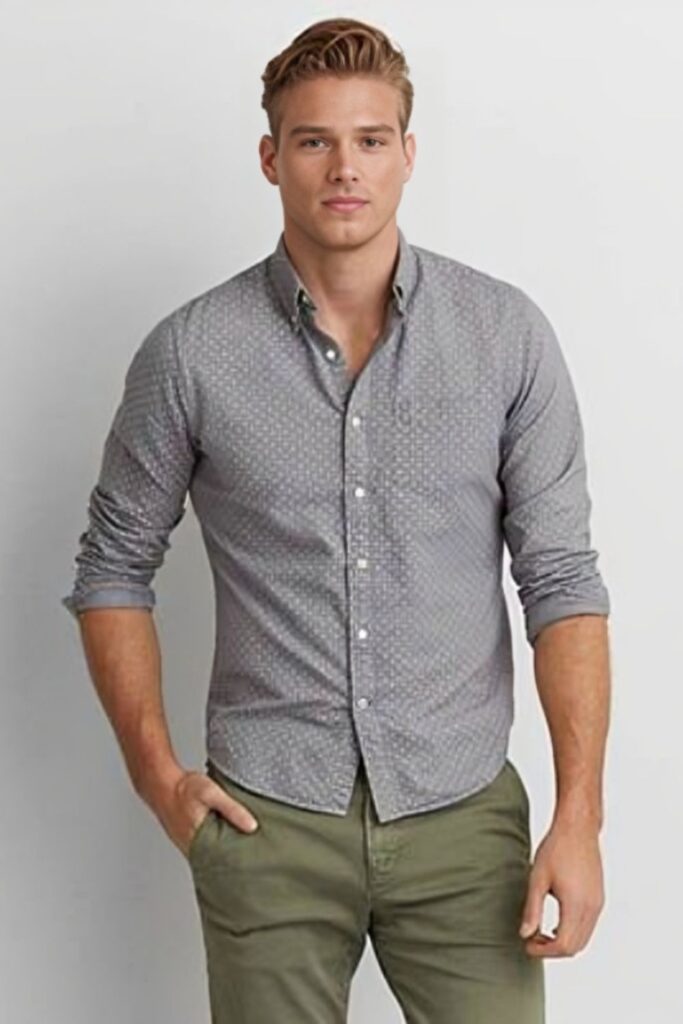 model in grey shirt and olive pants