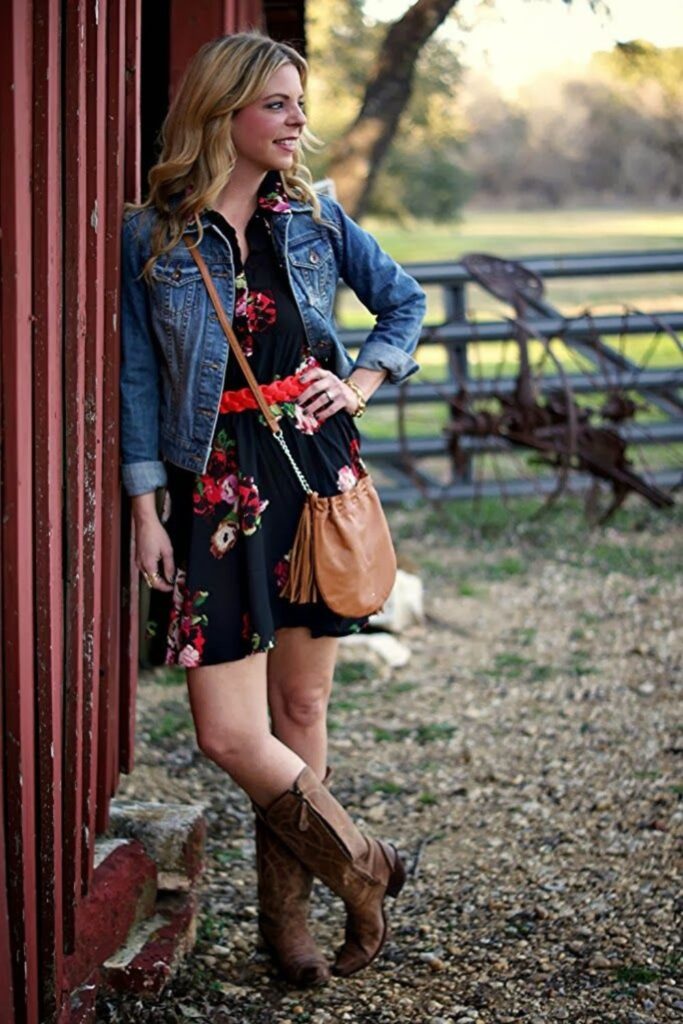 woman in floral sundress and brown cowboy boots