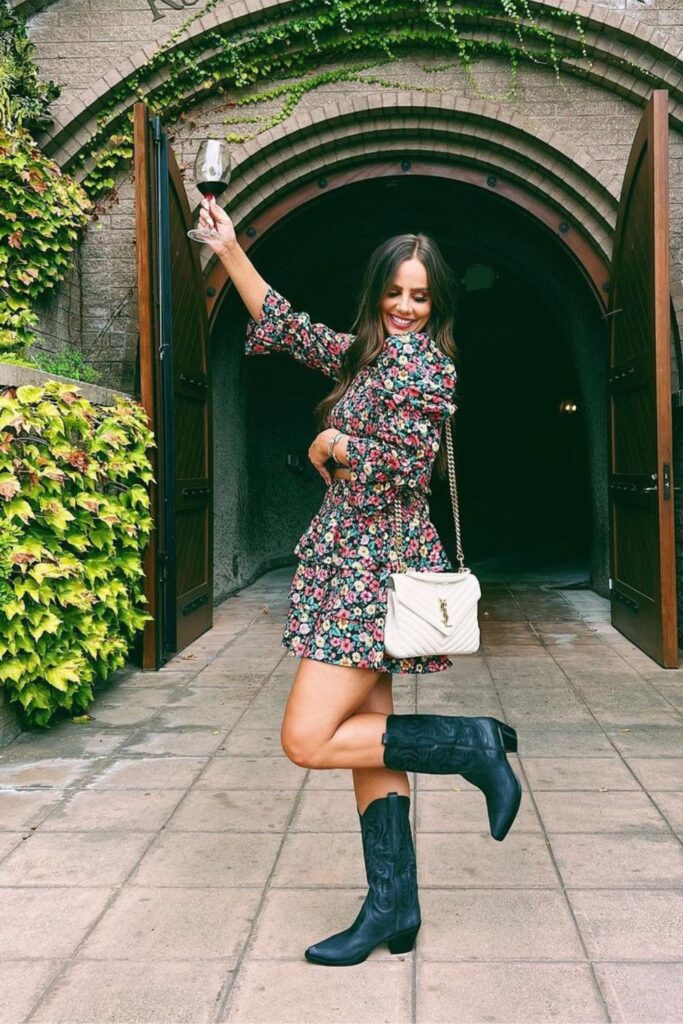 Floral Print Dress and Black Boots