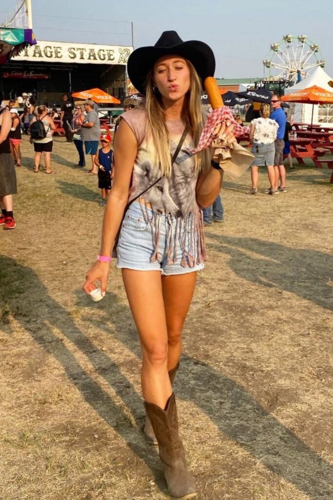 Printed Top, Denim Shorts, and Brown Boots