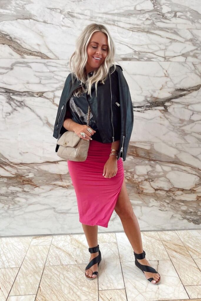 Feminine Pink Skirt and Edgy Moto Jacket