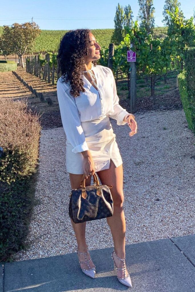 White Button-Down Shirt, Matching Shorts, and Pointed Heels