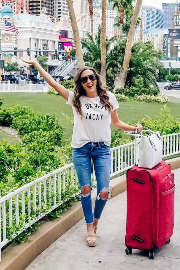 Graphic Tee, Distressed Denim Shorts and Slip-Ons