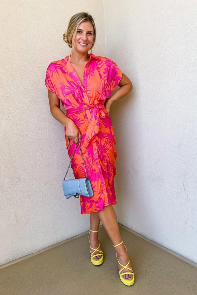 Vibrant Floral Wrap Dress and Strappy Heels