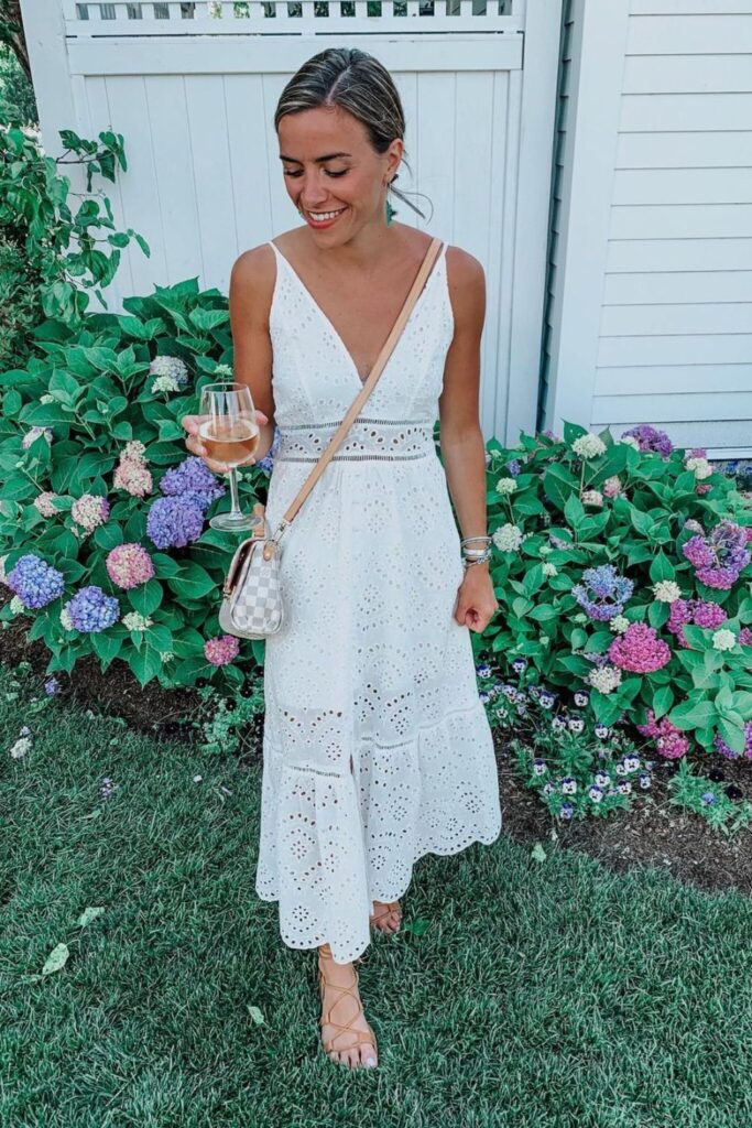 White Lace Dress and Nude Sandals