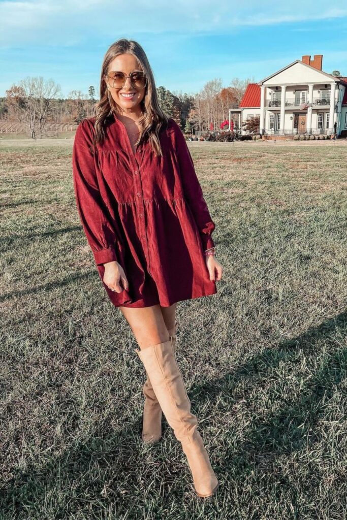 Burgundy Long Sleeve Dress and Boots