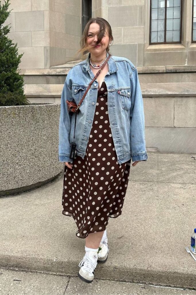 Denim Jacket and Polka Dot Midi Dress