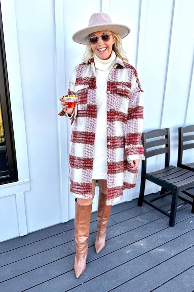 Oversized Plaid Coat, Turtleneck, and Boots