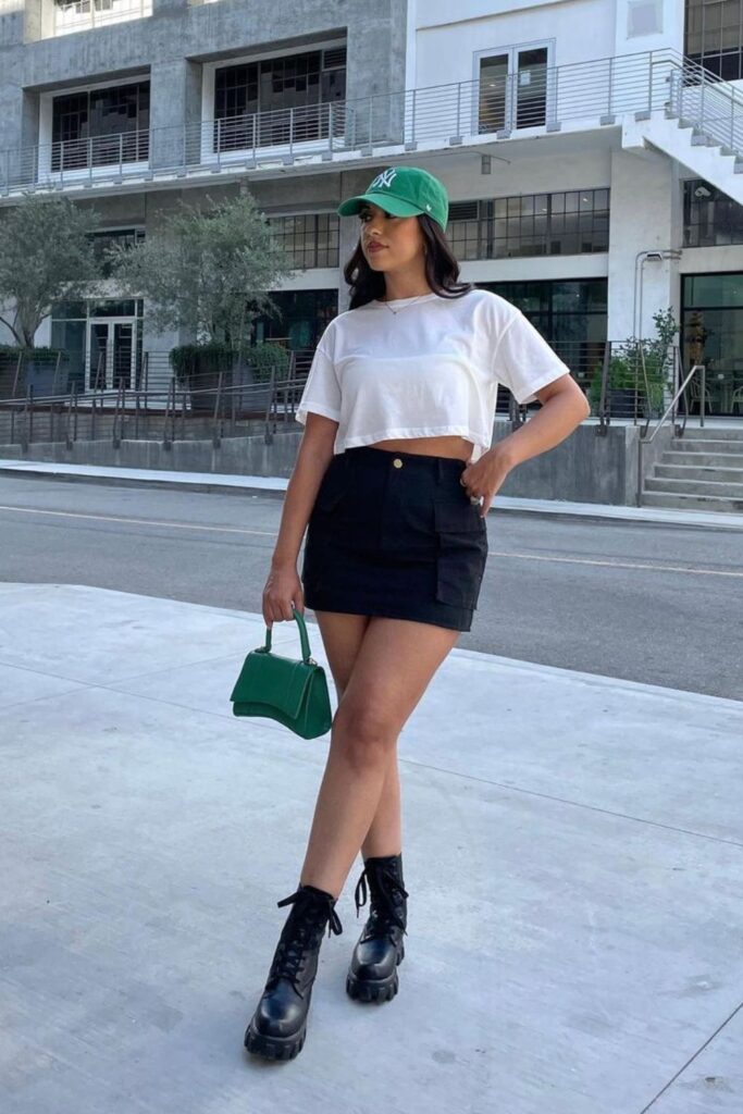 White Crop Top with Green Accents for Fun and Flirty