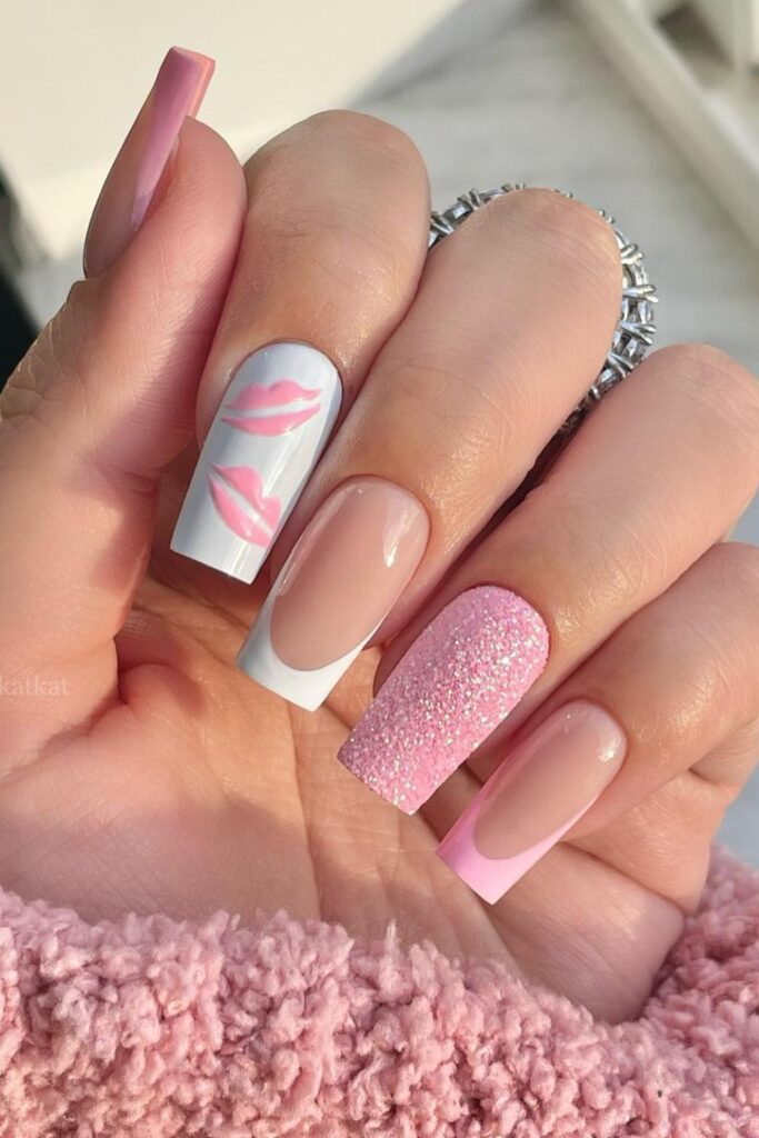 Nude Nails with Pink Lips Art