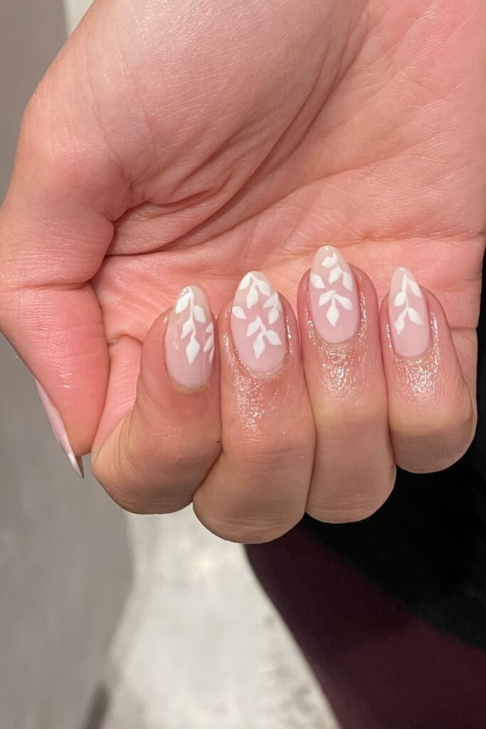 Delicate White Leaf Nail Art