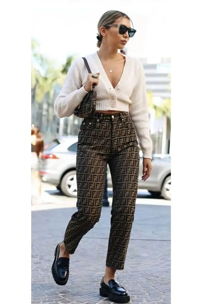 Printed Pants, Loafers, and a Cropped Sweater