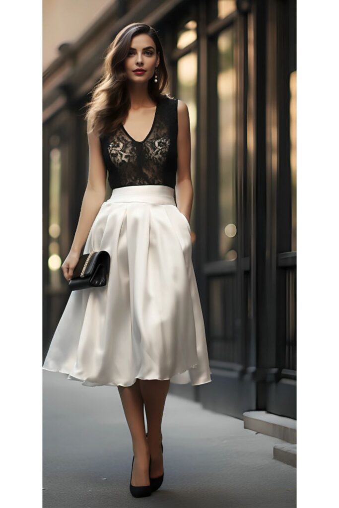 Satin Midi Skirt, Lacy Cami, and Pumps