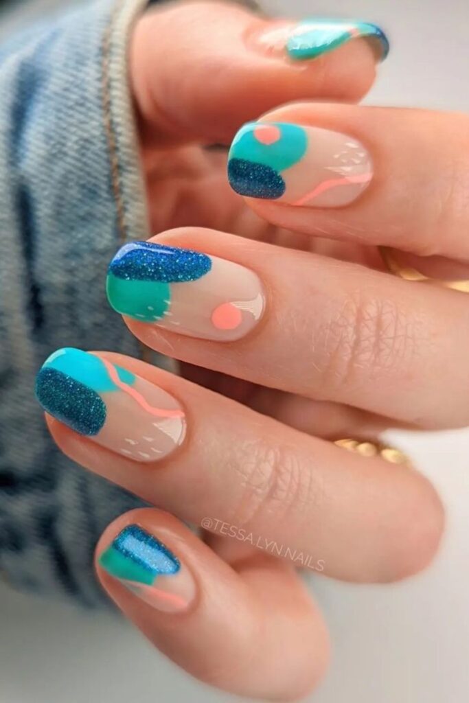 Clear Base Nails with Colorful Abstract Shapes