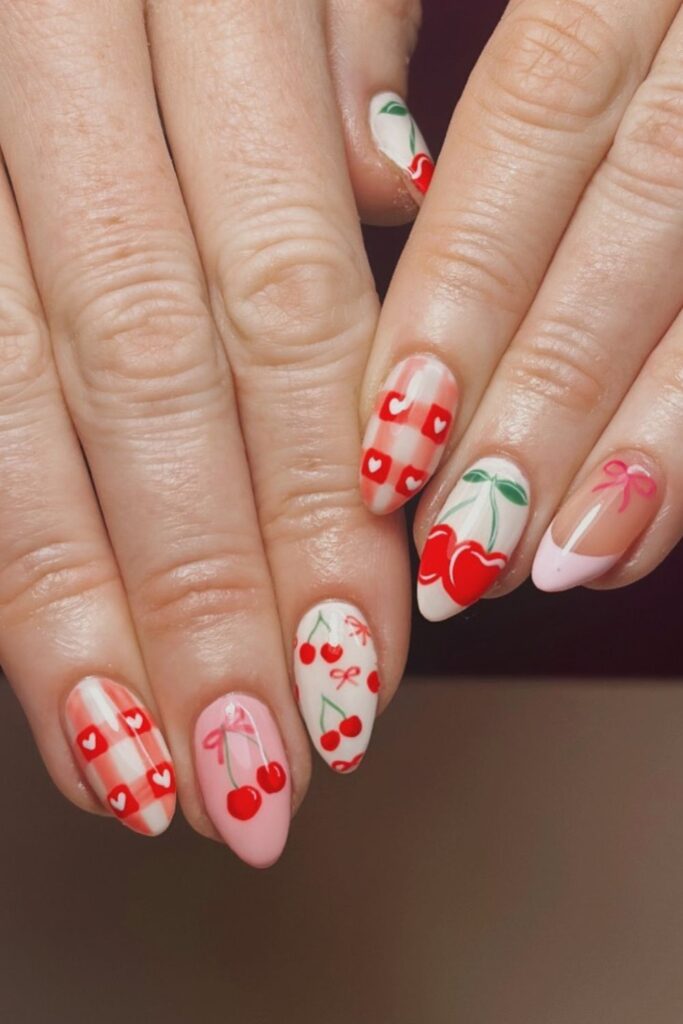 Cherries and Hearts Nail Design