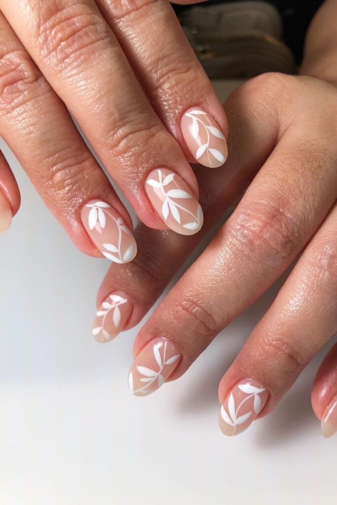 Nude Nails with Minimalist Leaves