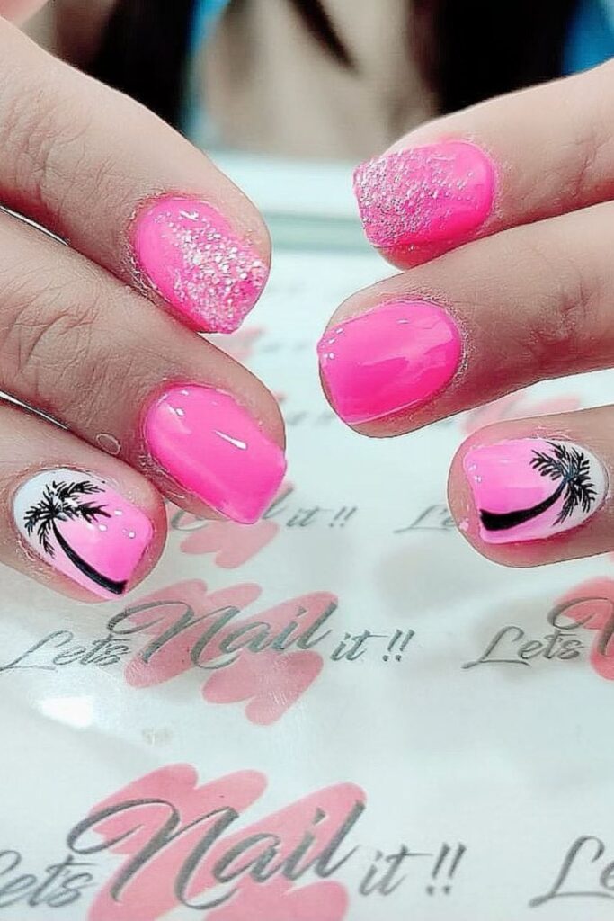 Pink Nails with Palm Silhouettes