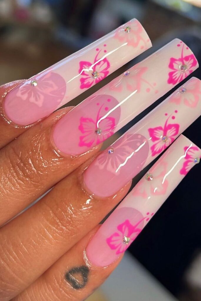 Pink Floral Nails with Clear Base