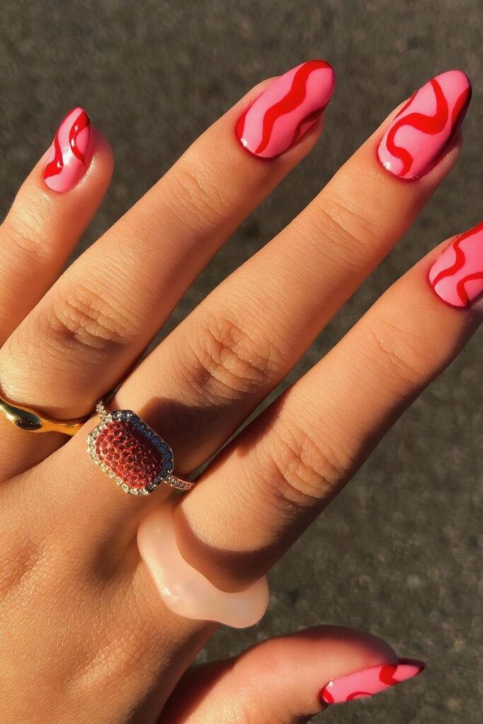 Pink Nails with Red Waves