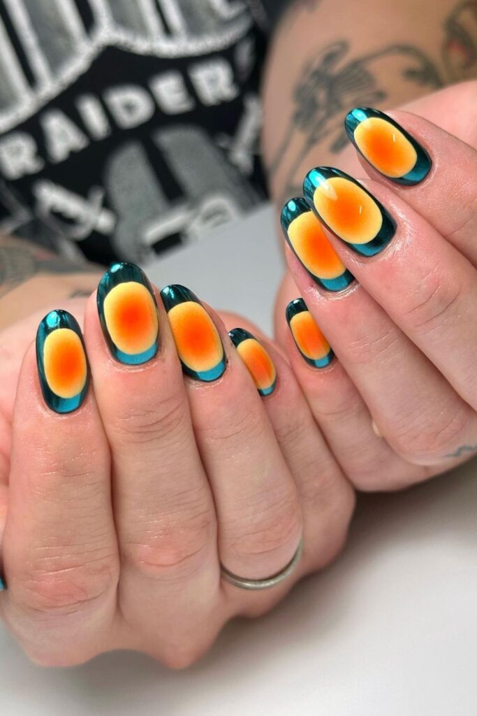 Orange and Dark Green Gradient Nails