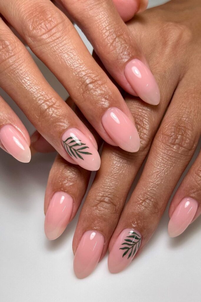 Pink Nails with Minimalist Leaves