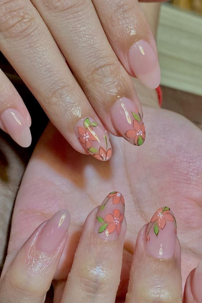 Clear Base Nails with Delicate Florals