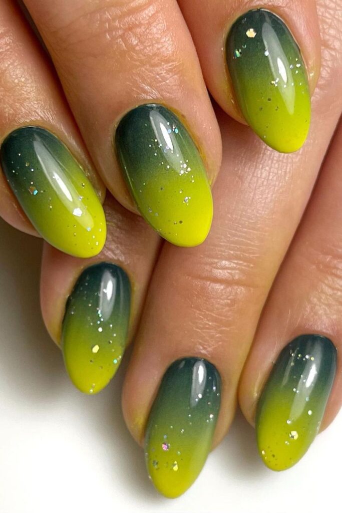 Dark Green to Yellow Gradient Nails with Sparkles