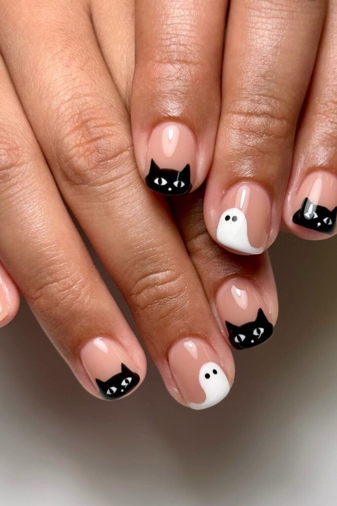 Minimalist Black Cat and Ghost Nails