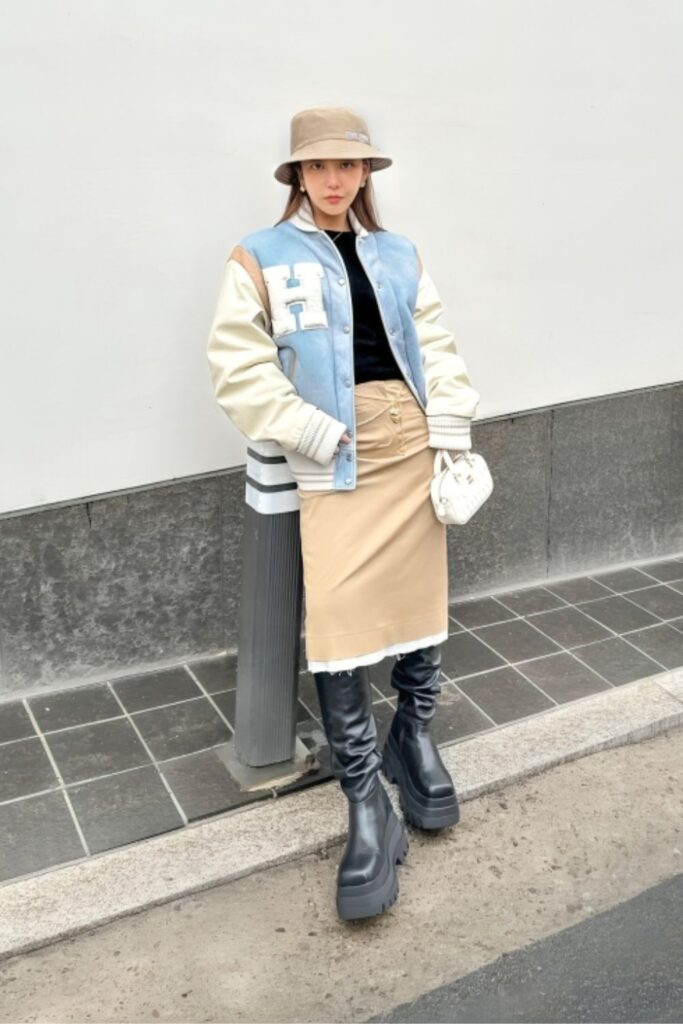 Varsity Jacket with Skirt and Boots