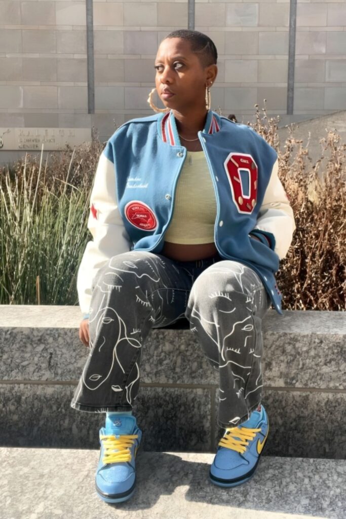 Varsity Jacket with Patterned Jeans