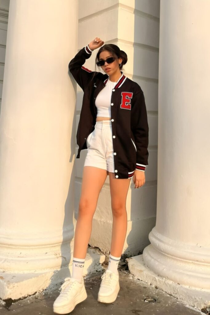 Dark Varsity Jacket with Cropped Top and Shorts