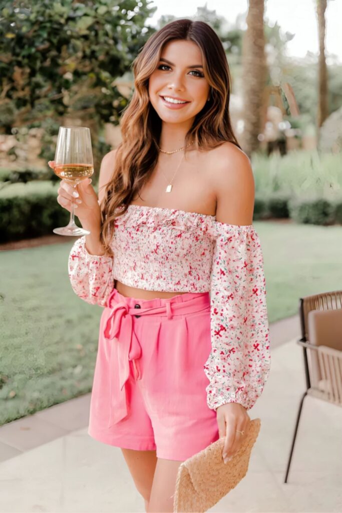 linen shorts with a floral wrap top and strappy sandals