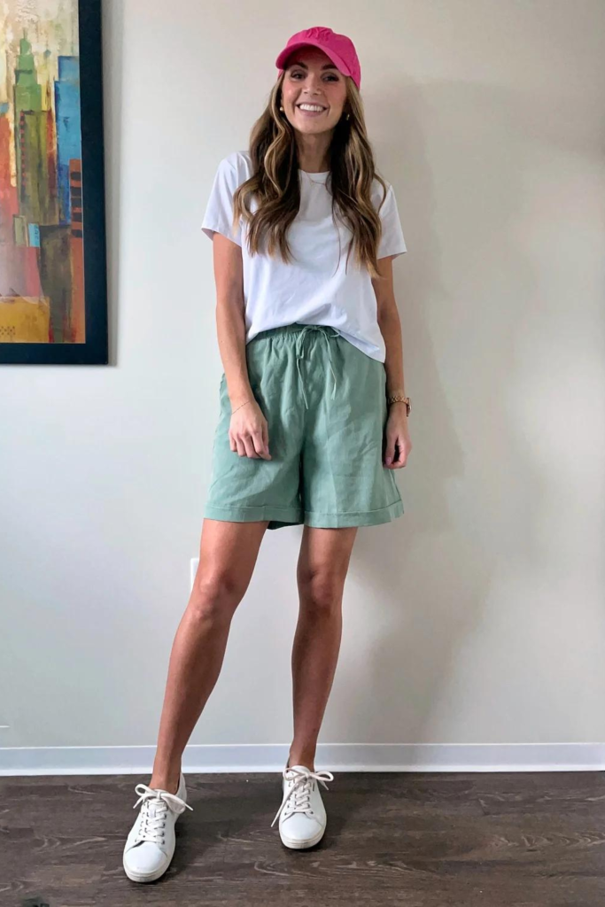 linen shorts with a tucked in white tee, sneakers, and a baseball cap