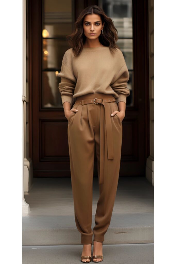 woman wearing a camel sweater with high-waisted brown trousers and nude heels