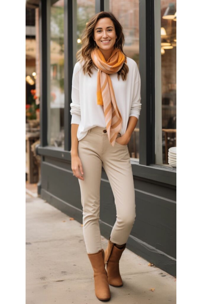 woman wearing a simple white tee with brown jeans, a colorful scarf, and booties