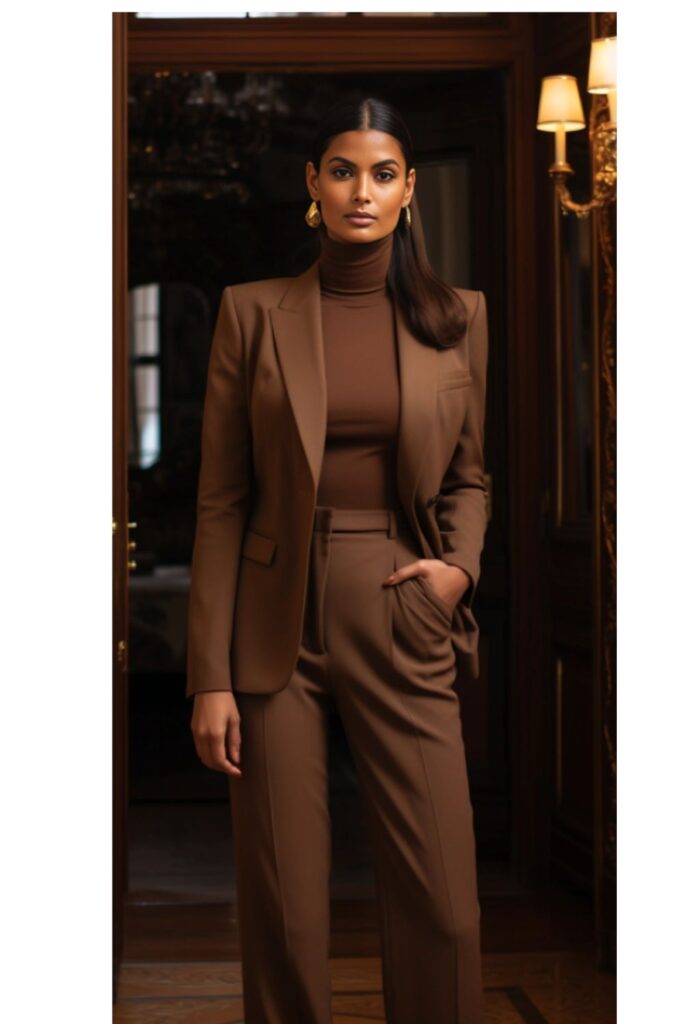 woman wearing an all-brown ensemble: turtleneck, trousers, and blazer