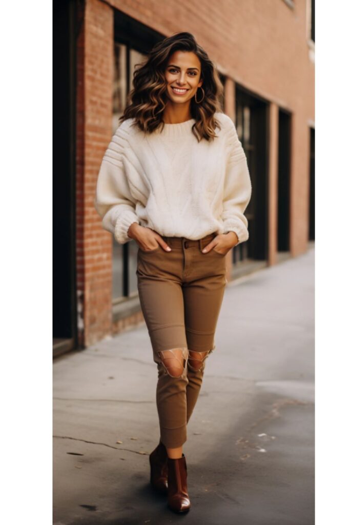 woman wearing an ivory chunky sweater with brown jeans and matching booties