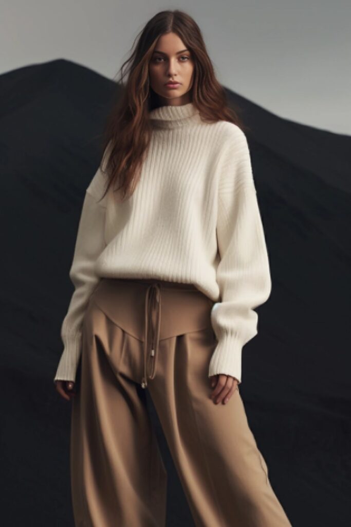 woman wearing an off-white oversized sweater with brown trousers and matching boots