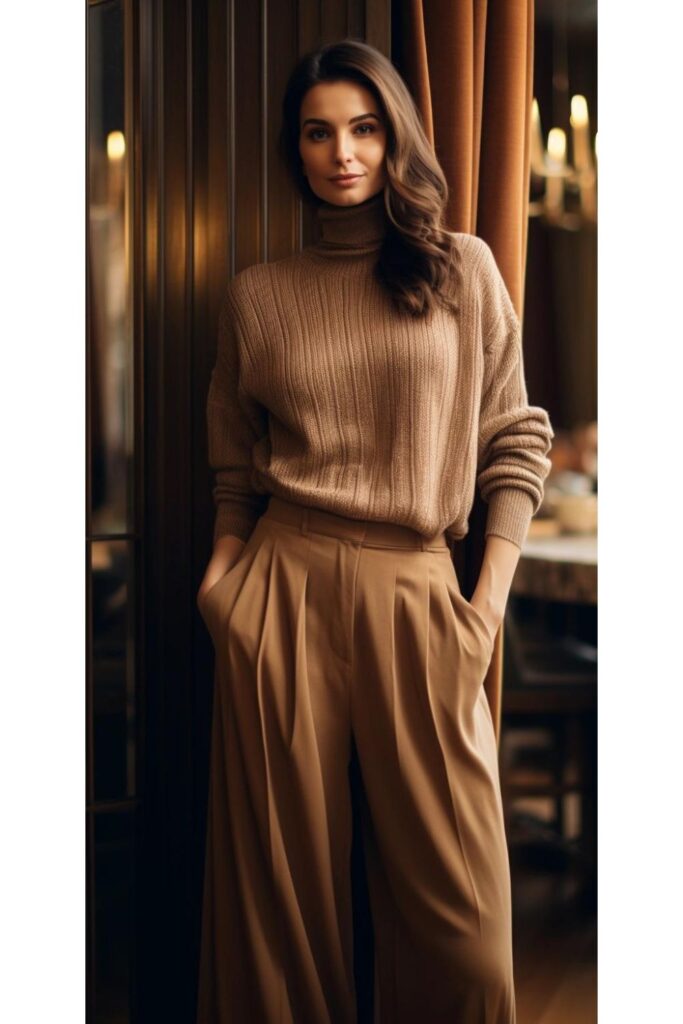 woman wearing an oversized brown sweater with matching wide-leg pants